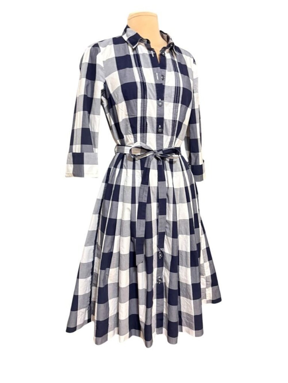 Boden Gingham Plaid Shirt Dress 6 R Navy White Cotton Midi Classic EUC Preppy